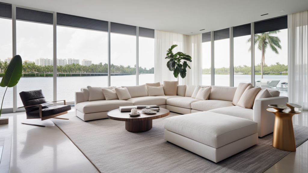 Hunter Douglas Honeycomb Shades in a contemporary family room in Boca Raton, Florida.