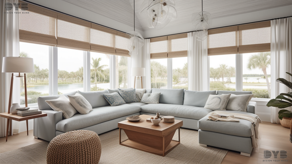 Hunter Douglas Honeycomb Shades in a Boynton Beach family room, showcasing a coastal aesthetic and providing energy efficiency.