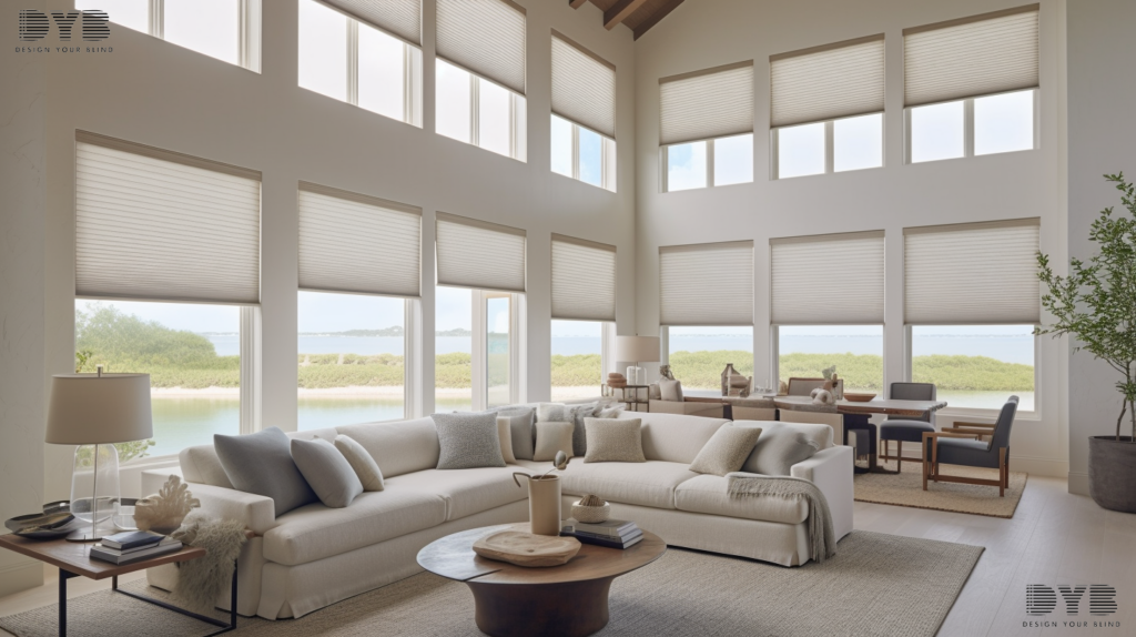 Hunter Douglas Honeycomb Shades in a Boynton Beach family room, showcasing a coastal aesthetic and providing energy efficiency.