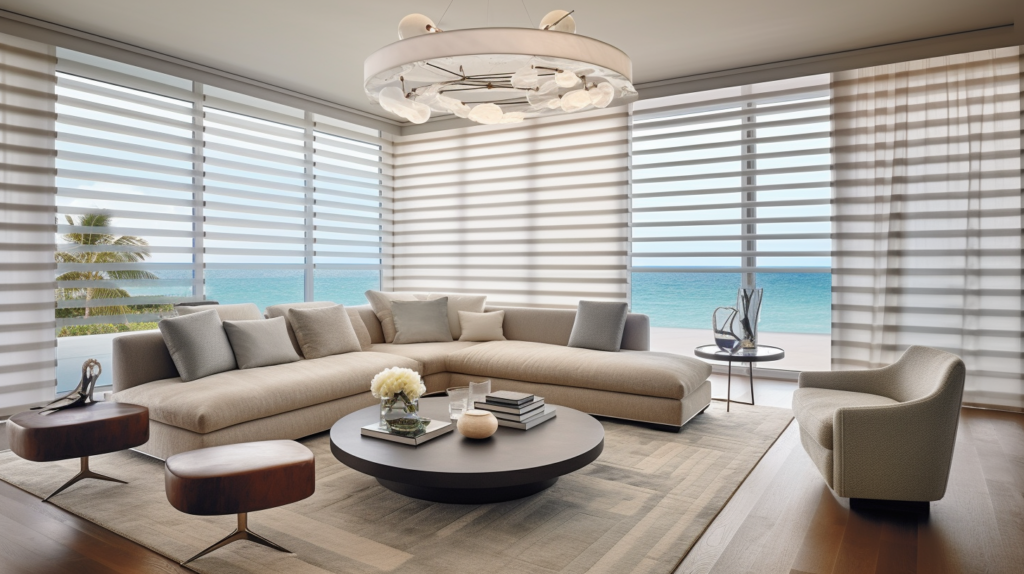 Spacious formal living room in Boca Raton, Florida, showcasing Hunter Douglas Pirouette Shades on large windows with a breathtaking ocean view. The shades are partially closed, their delicate fabric vanes tilted to diffuse the bright sunlight and create a soft, ambient glow throughout the room. The contemporary furniture from Mitchell Gold + Bob Williams includes a large sectional sofa in a neutral gray fabric, a sleek glass coffee table, and a pair of modern armchairs. The room exudes sophistication and elegance, with a minimalist aesthetic that highlights the stunning oceanfront vista.