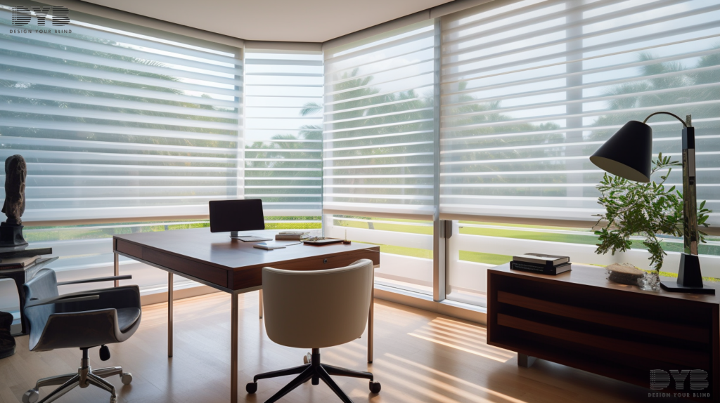 Hunter Douglas Silhouette Shades in a Boca Raton home office, offering a modern aesthetic and light control.