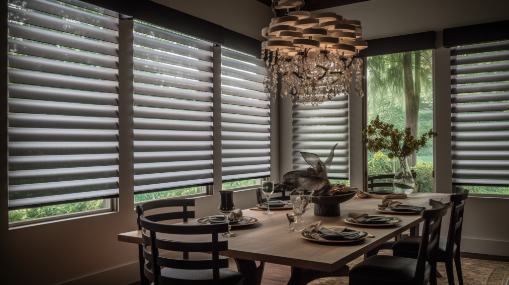 Fully closed Hunter Douglas Silhouette Shade in a dining room in Delray Beach, Florida.