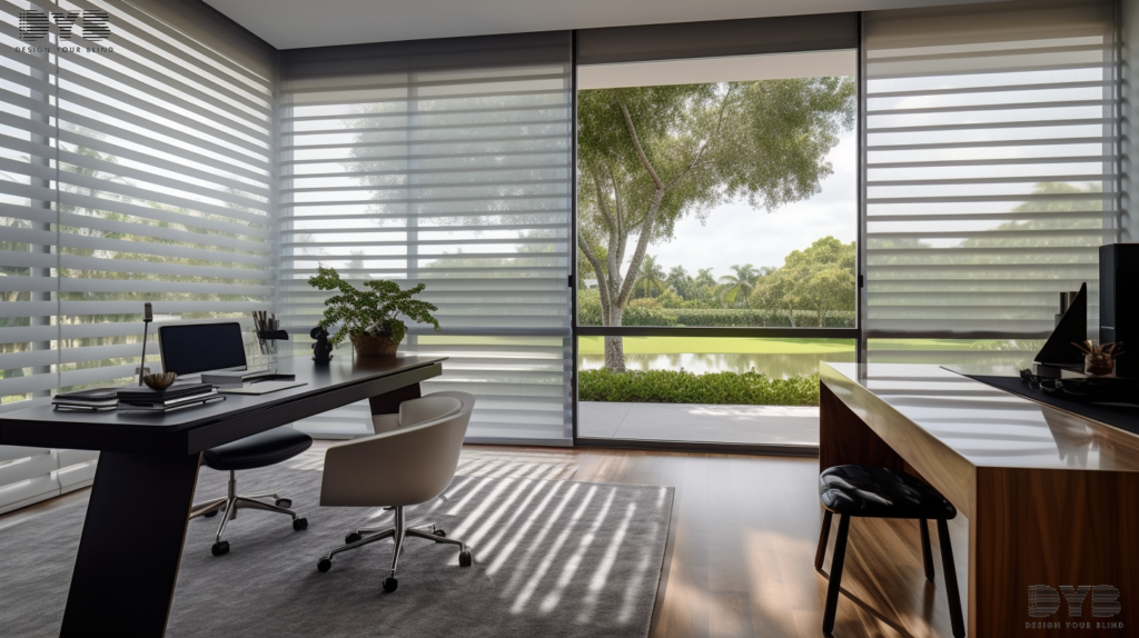 Hunter Douglas Silhouette Shades in a Boca Raton home office, offering a modern aesthetic and light control.