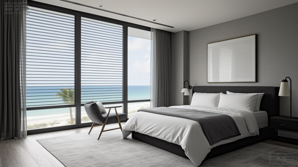 Blackout curtains in a bedroom in Lighthouse Point, Florida