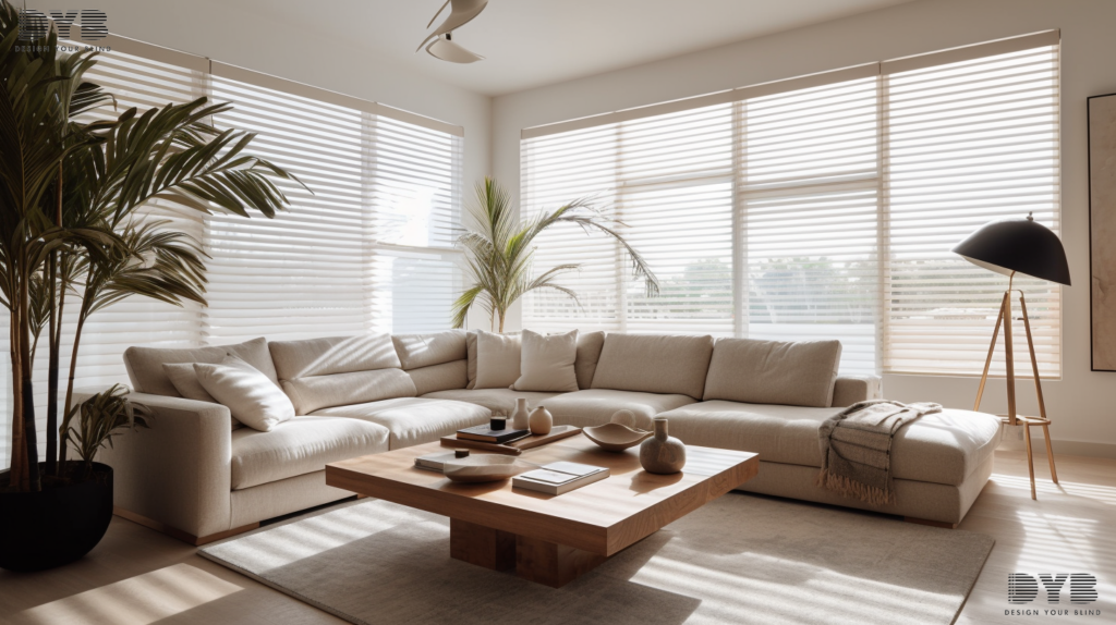 A modern family room in Lighthouse Point, FL, featuring Cellular Shades on a large window.