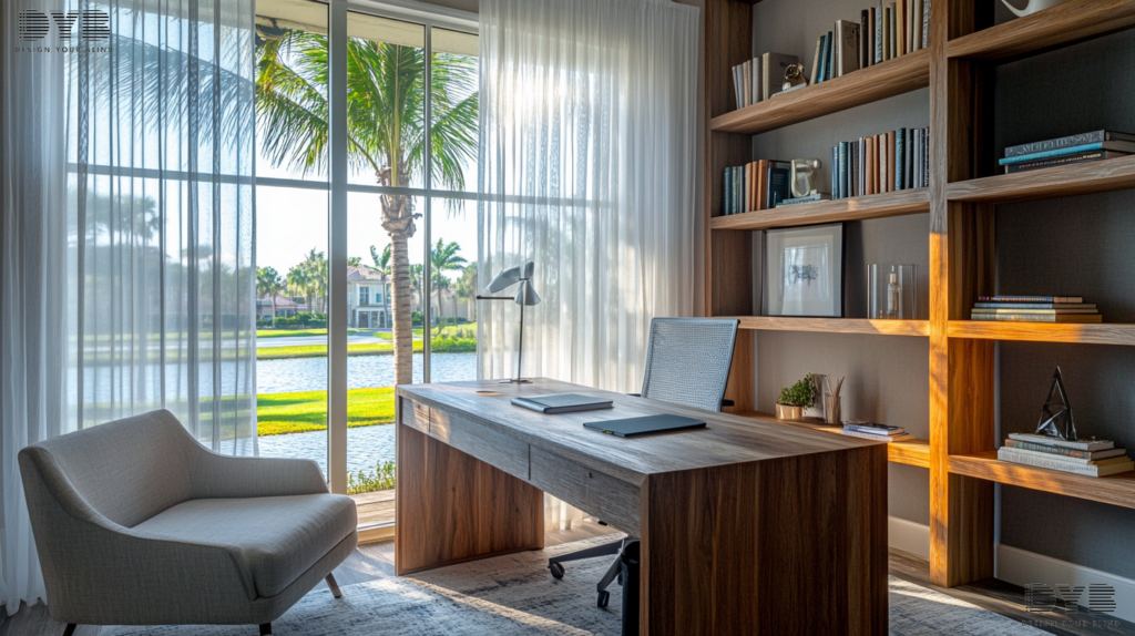 A Home Office in Lighthouse Point, FL, styled in a Farmhouse Modern design, featuring Sheer Curtains on a large window overlooking the Intercoastal Waterway. The room is furnished with pieces from Mitchell Gold + Bob Williams, including a wooden desk, comfortable armchair, and a bookshelf. The Sheer Curtains, partially closed, filter the light, creating a calming and inspiring workspace. Natural light illuminates the room, highlighting the warm tones of the wood furniture and the textured walls.
