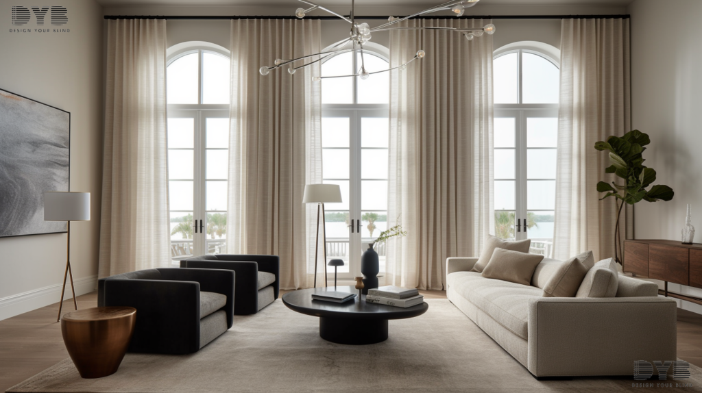 A close-up shot of a window with Blackout Curtains in a Lighthouse Point, FL, Formal Living Room, featuring Restoration Hardware (RH) furniture, offering a modern interior design style.