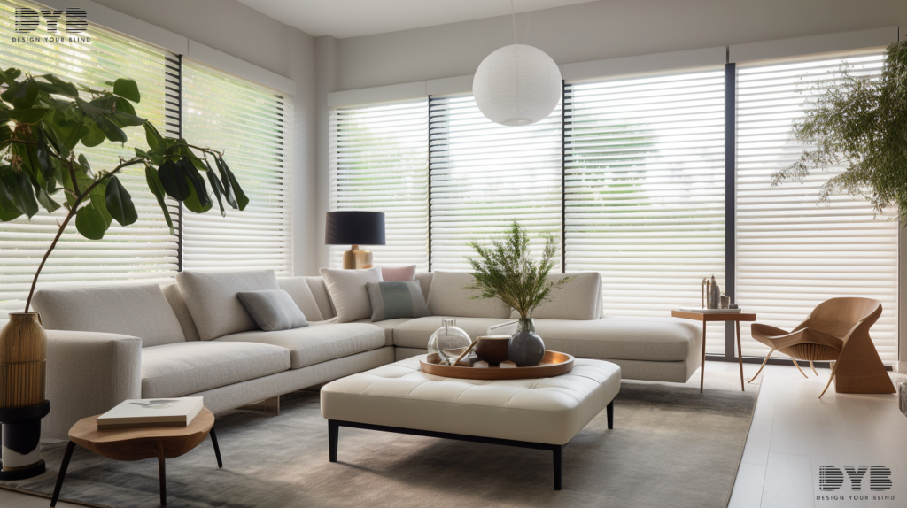 A spacious living room in Lighthouse Point, FL, featuring a dutch angle view of a window with Cellular Shades. The room is designed in a contemporary style, with furniture from Crate & Barrel. The shades are partially closed, allowing for natural light to filter through, creating a soft, diffused glow. The room features a plush sofa, a sleek coffee table, and a stunning view of the Intercoastal Waterway.