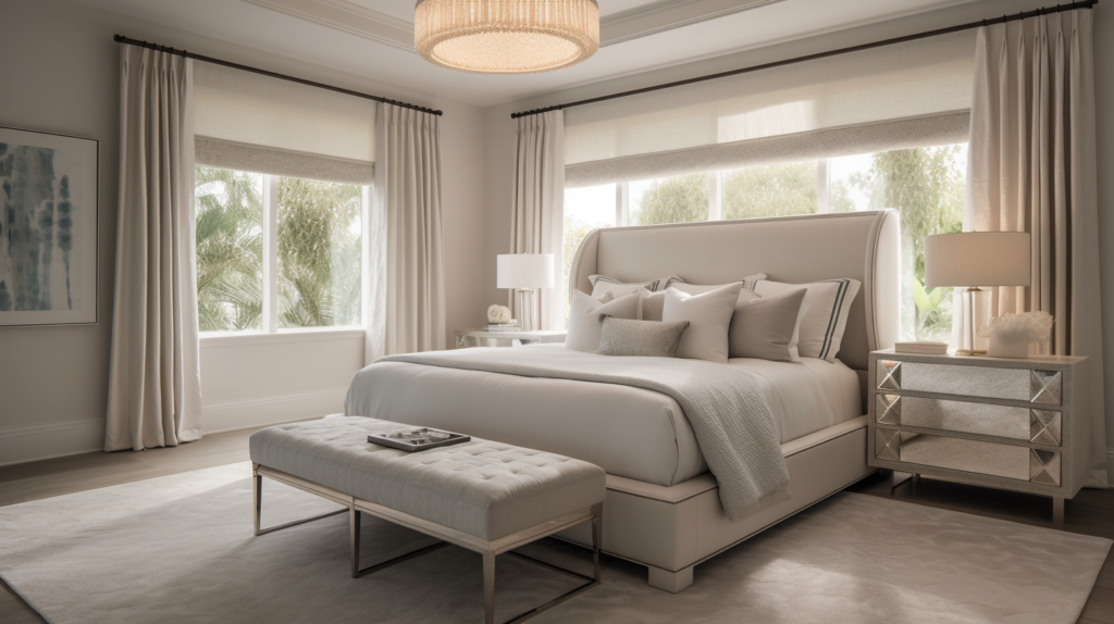 Motorized Fabric Roman Shades in a transitional master bedroom with a canal view.