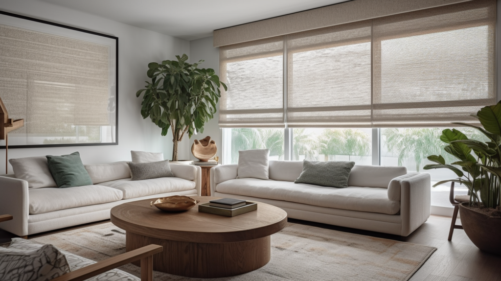 A close-up of a motorized shade fully drawn in a Delray Beach living room, creating a sense of privacy and tranquility. The shade's sleek design complements the room's modern and coastal décor, showcasing the benefits of both style and functionality.