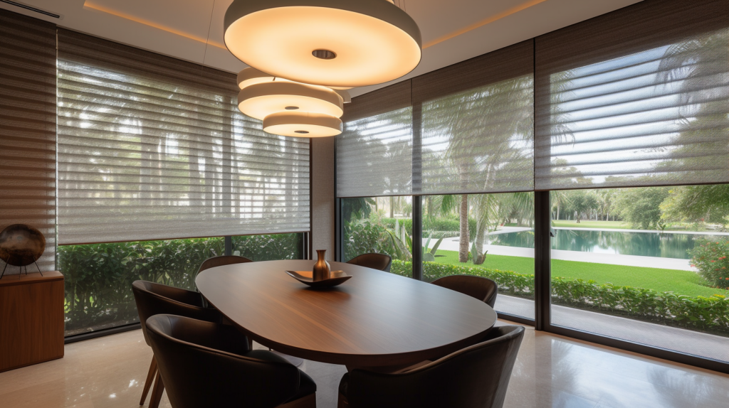 A close-up of a motorized shade fully drawn in a Delray Beach living room, creating a sense of privacy and tranquility. The shade's sleek design complements the room's modern and coastal décor, showcasing the benefits of both style and functionality.