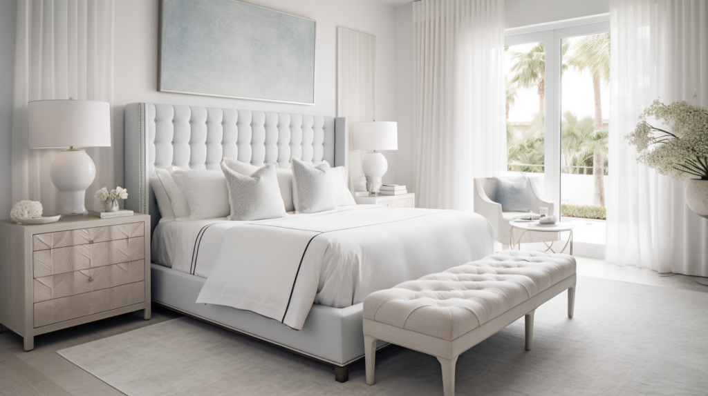 Motorized shades in a luxurious Boca Raton living room, partially drawn to allow soft light to filter through, creating a warm and inviting ambiance. The shades complement the room's modern design, showcasing the benefits of effortless light control and a sophisticated atmosphere.