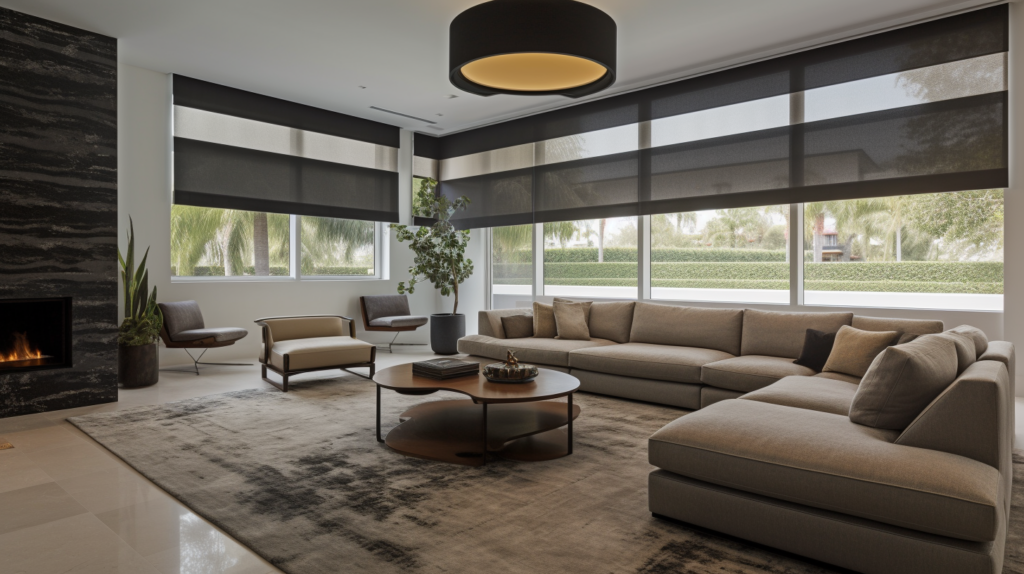 Motorized shades in a luxurious Boca Raton living room, partially drawn to allow soft light to filter through, creating a warm and inviting ambiance. The shades complement the room's modern design, showcasing the benefits of effortless light control and a sophisticated atmosphere.