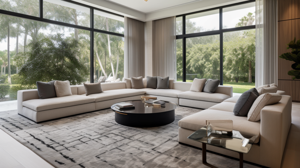 Motorized shades in a luxurious Boca Raton living room, partially drawn to allow soft light to filter through, creating a warm and inviting ambiance. The shades complement the room's modern design, showcasing the benefits of effortless light control and a sophisticated atmosphere.