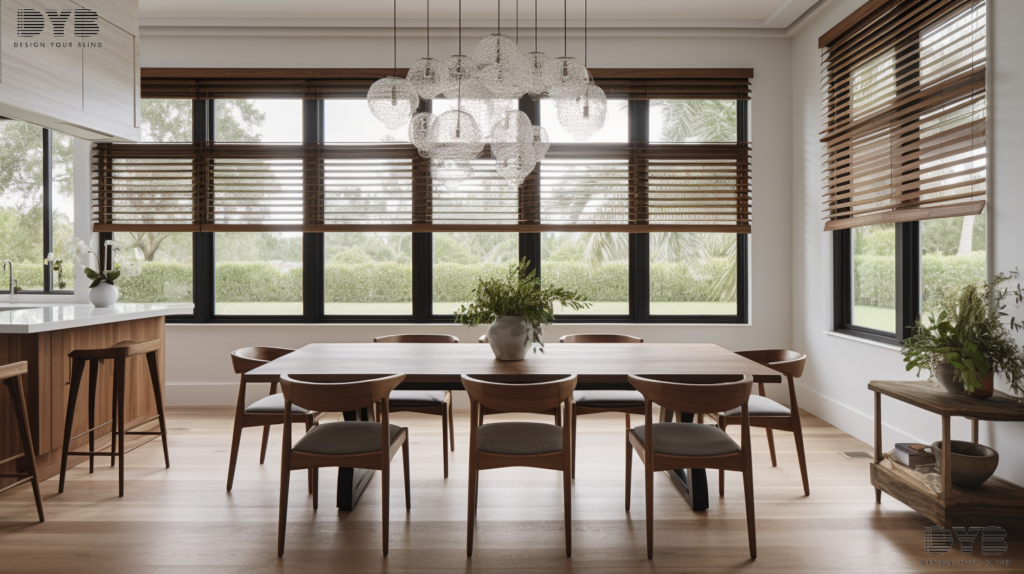 Motorized Solar Shades in a Parkland dining room, creating a natural and welcoming atmosphere.