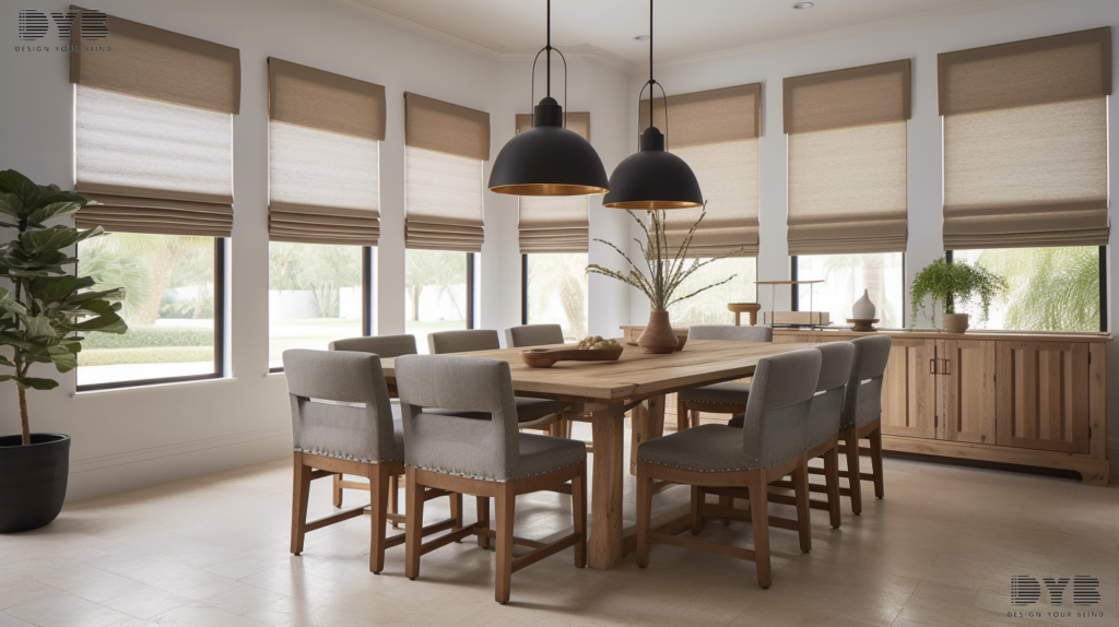 Motorized Solar Shades in a Parkland dining room, creating a natural and welcoming atmosphere.