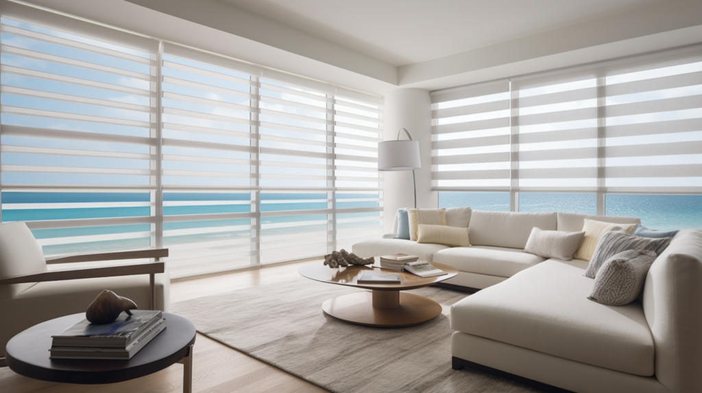 Motorized Zebra Shades in a minimalist family room in Boca Raton, Florida.