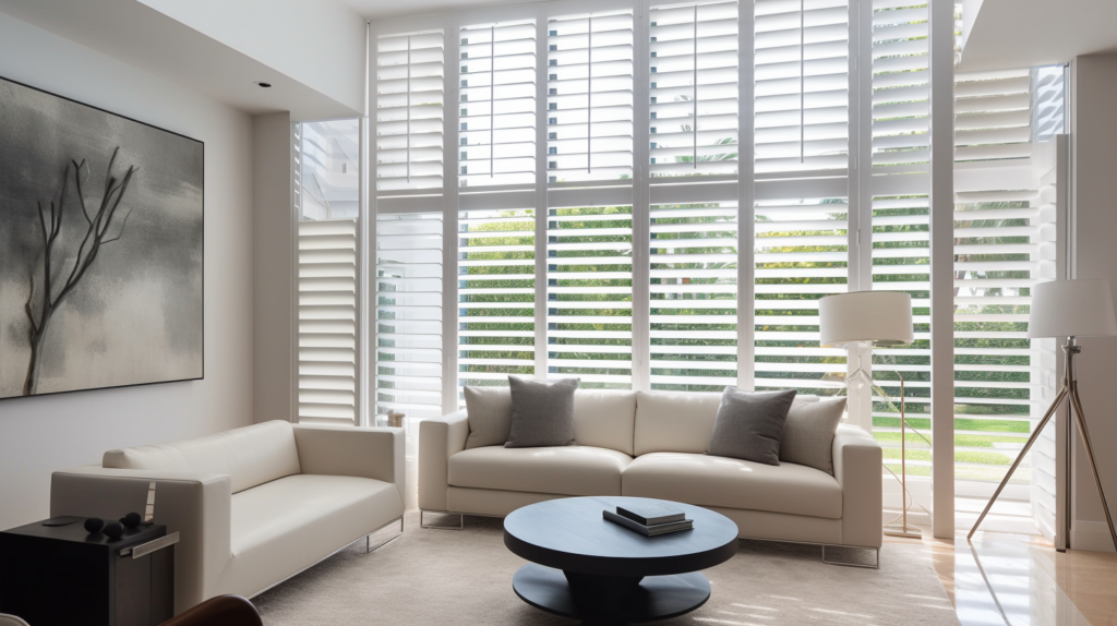 Partially open white Plantation Shutters in a modern living room in Boca Raton, Florida.