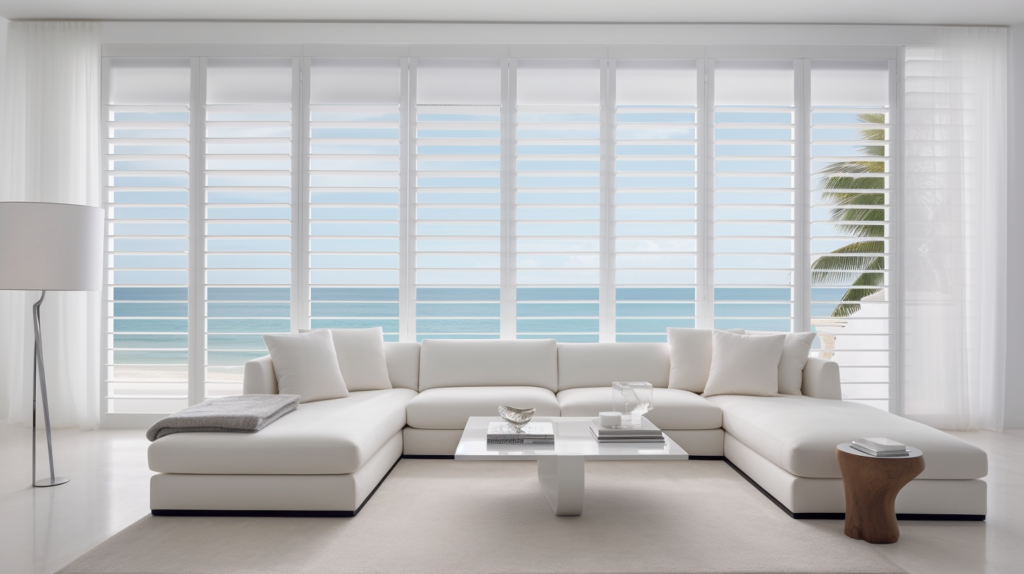 Partially open white Plantation Shutters in a minimalist living room in Boca Raton, Florida.