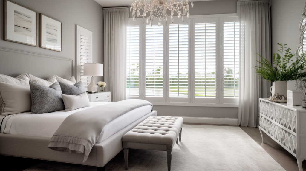 Partially open white Plantation Shutters in a transitional bedroom in Parkland, Florida.