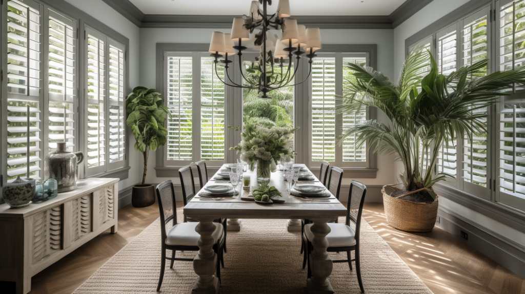 White Plantation Shutters in a coastal dining room in Delray Beach, Florida.