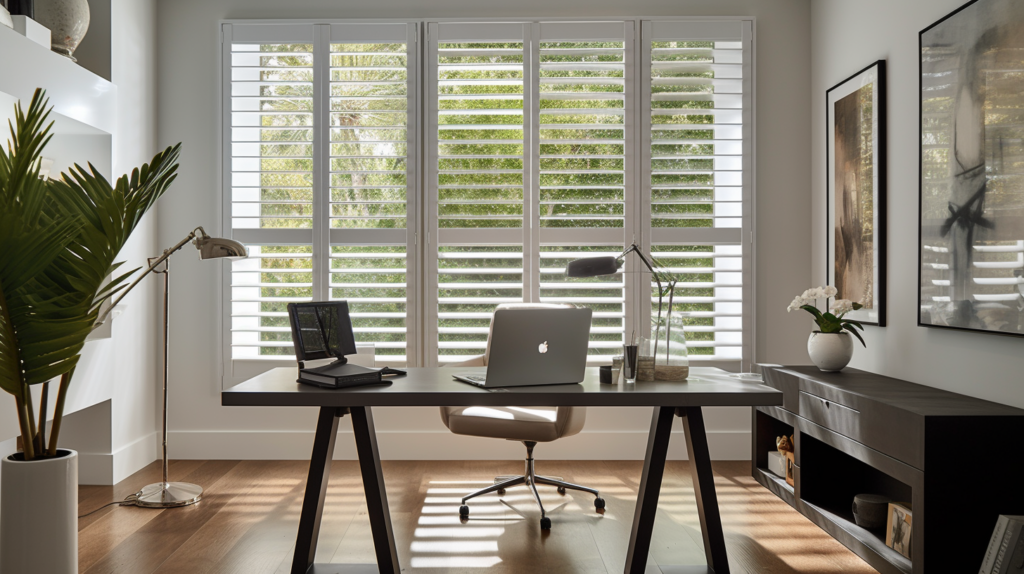 Partially closed plantation shutters in a modern home office in Parkland, Florida.