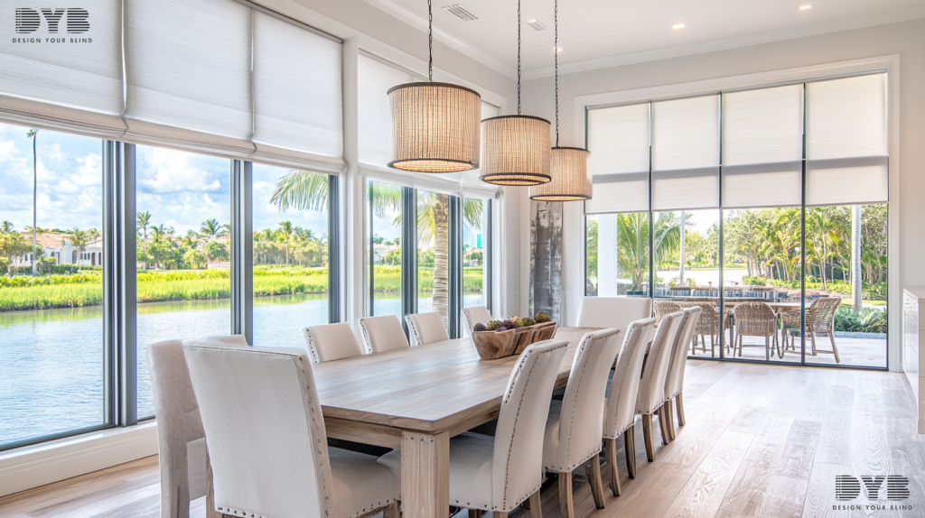 A farmhouse modern dining room with large windows showcasing partially closed Roller Shades, overlooking a tranquil canal in Boca Raton, FL