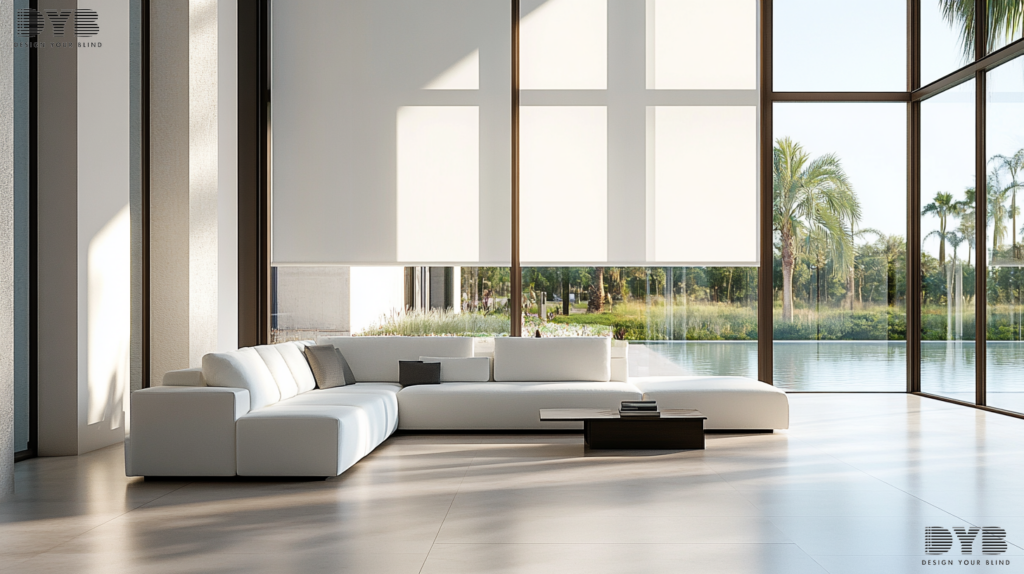 A minimalist living room with large windows featuring fully closed Roller Shades, overlooking a serene lake in Boca Raton, FL