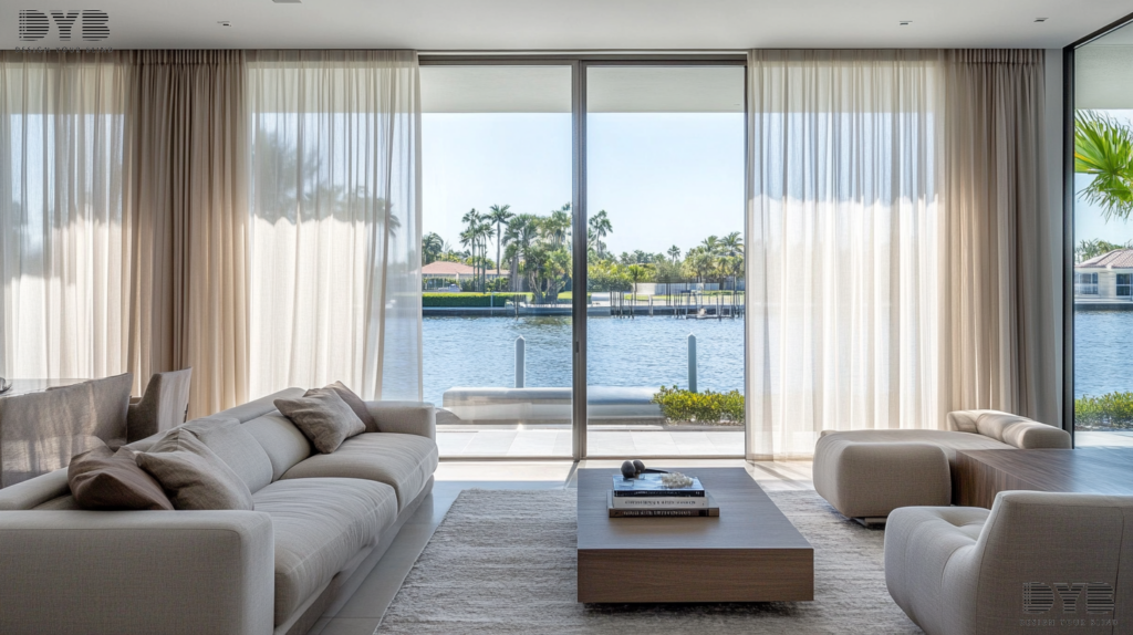 A Formal Living Room in Lighthouse Point, FL, with an Urban Modern design style, featuring Sheer Curtains on a large window overlooking the Intercoastal Waterway. The room is furnished with stylish pieces from Mitchell Gold + Bob Williams, including a sleek sofa and a modern coffee table. The Sheer Curtains gently filter the natural light, creating a soft, diffused glow that accentuates the contemporary design. The curtains are partially drawn back, allowing for a glimpse of the stunning waterway view.