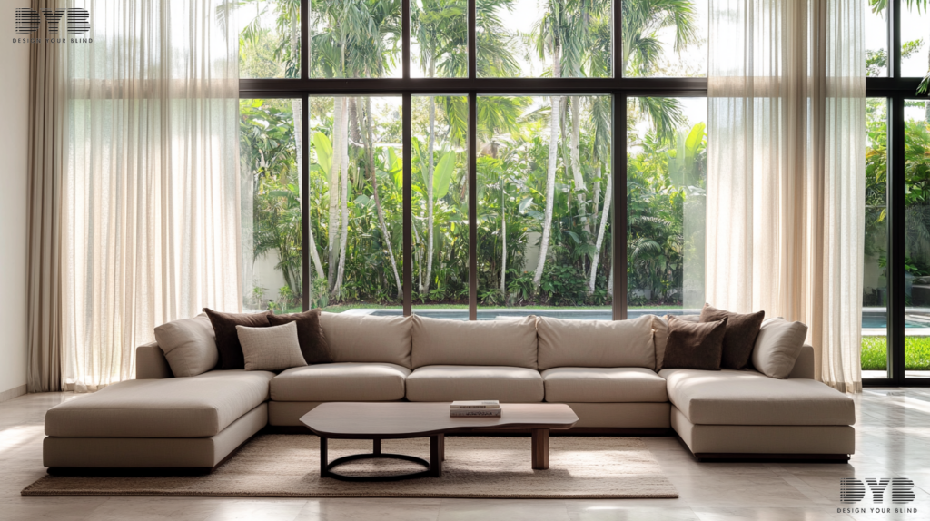 Sheer curtains in a Boca Raton Family Room with a view of the backyard