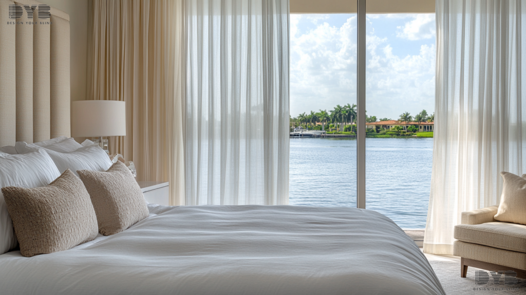 Sheer Curtains in a Boca Raton Master Bedroom with a view of the Intercoastal Waterway