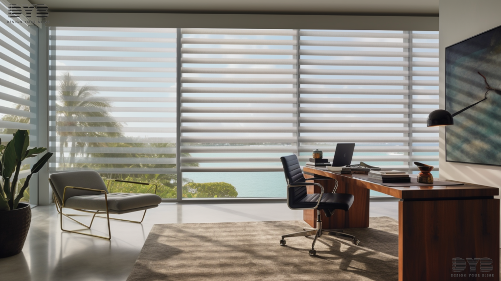 A modern home office in Lighthouse Point, FL, with a mid-range view of Solar Roller Shades on a large window. The office has an urban modern style with furniture from Crate & Barrel, and ocean views.