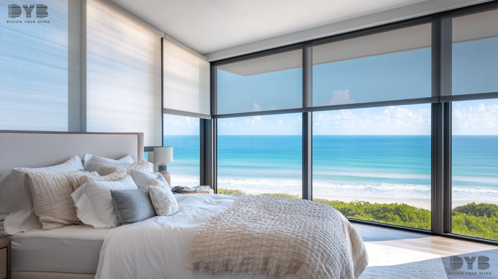 A farmhouse modern guest bedroom in Boca Raton, FL, with Solar Shades, showcasing ocean views and a comfortable bed.
