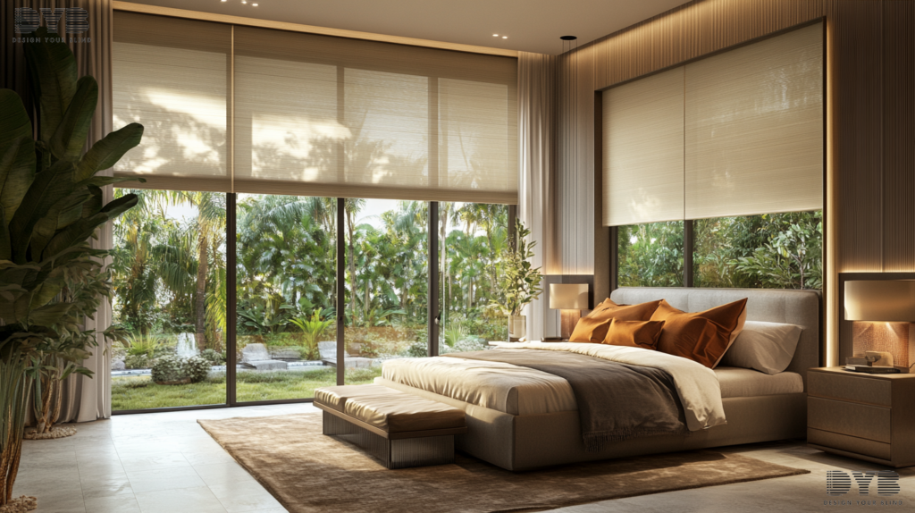 A modern bedroom in Boca Raton, FL, with Solar Shades, featuring a garden view and sleek furniture.