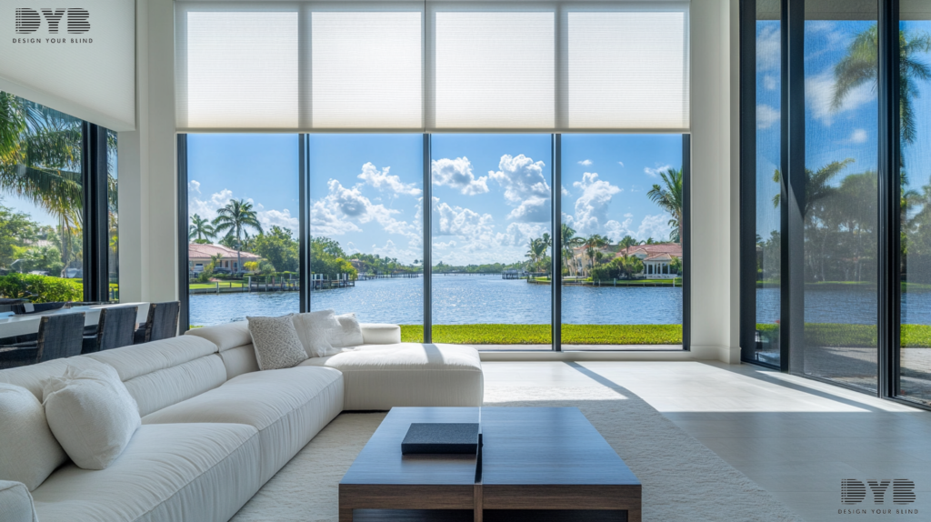 A formal living room in Boca Raton, FL, with Solar Shades, featuring a minimalist design and a view of the Intercoastal Waterway.