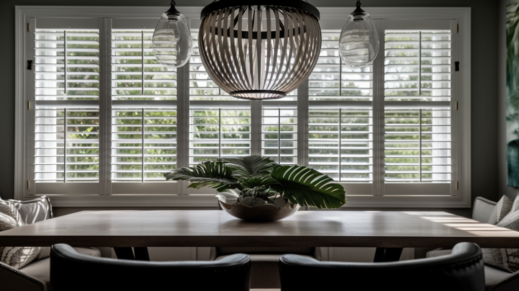 Fully closed white Plantation Shutters in a coastal dining room in Delray Beach, Florida.