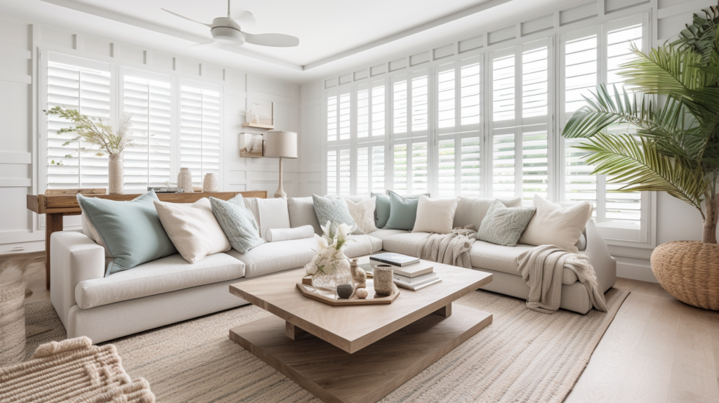 White plantation shutters in a coastal family room in Delray Beach, Florida.