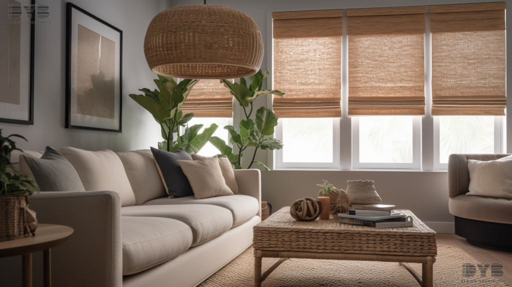 Woven Wood Roman Shades in a Delray Beach living room, filtering sunlight and creating a warm ambiance.