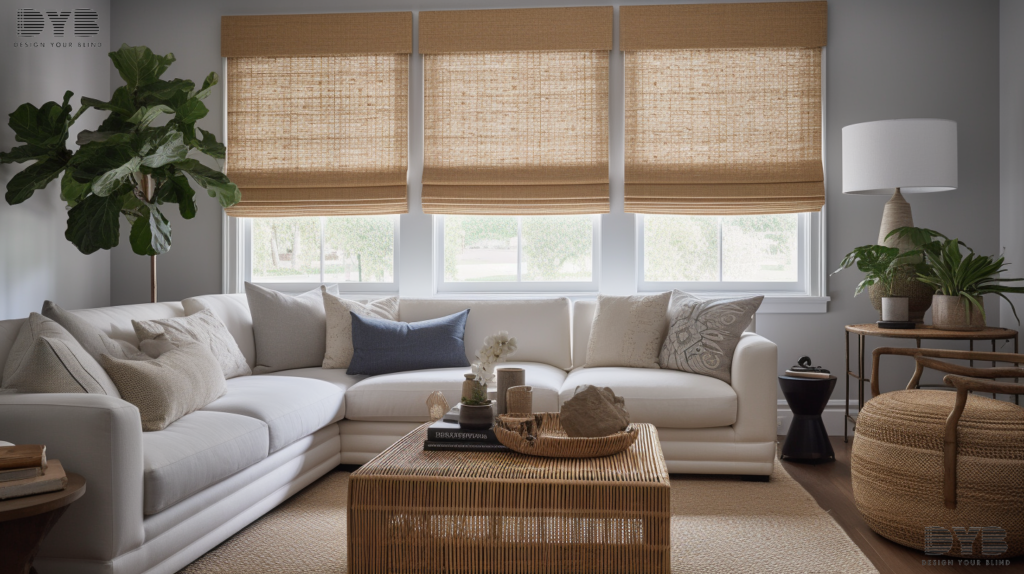 Woven Wood Roman Shades in a Delray Beach living room, filtering sunlight and creating a warm ambiance.