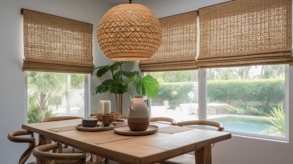 Woven wood Roman shade in a casual dining room in Delray Beach, Florida.