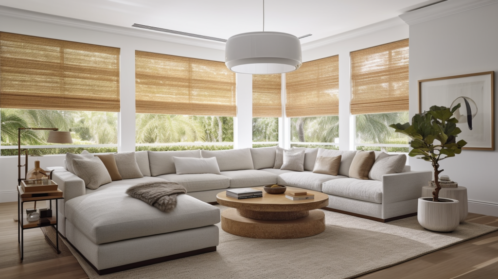 Woven wood shades in a minimalist family room in Boca Raton, Florida.