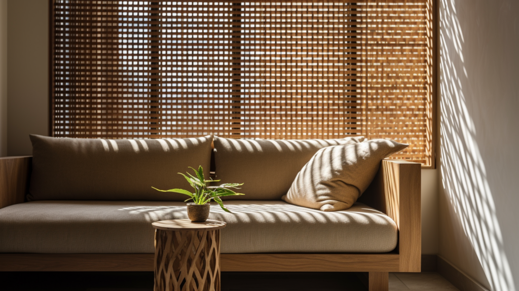 Partially closed woven wood shade in a modern living room in Boca Raton, Florida.