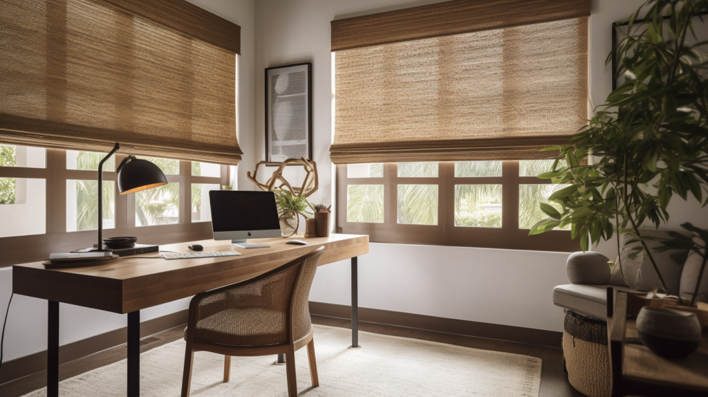 Woven wood shade in a modern home office in Boca Raton, Florida.