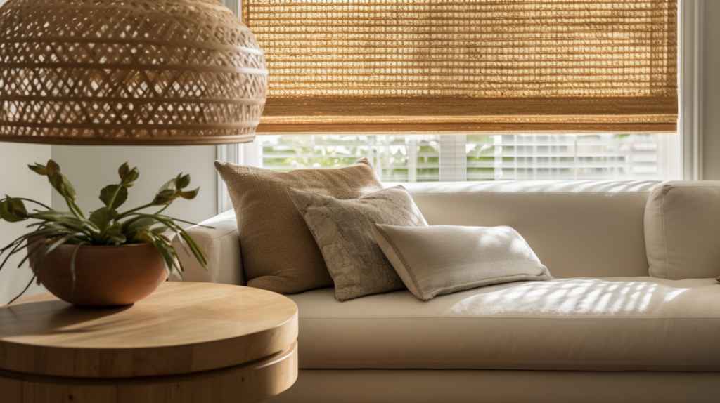 Partially open woven wood shade in a transitional living room in Boca Raton, Florida.