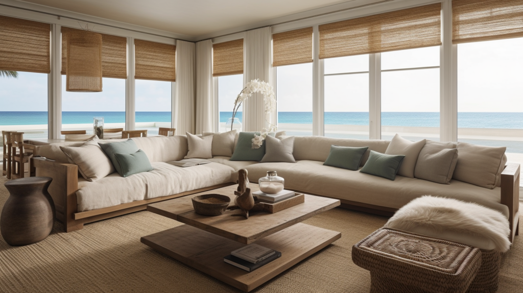 Woven wood shades in a coastal living room in Delray Beach, Florida.