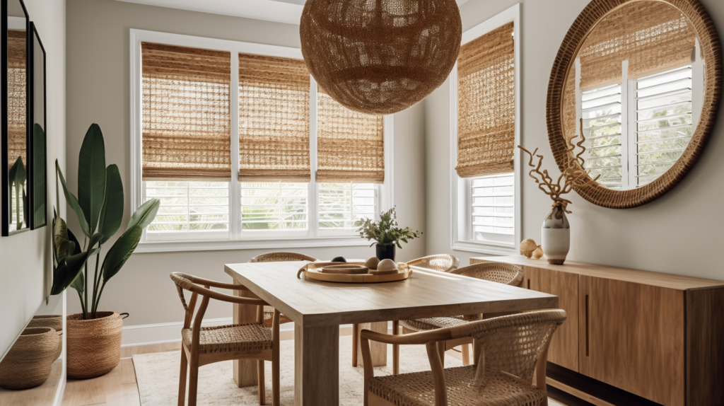Woven wood shade in a transitional dining room in Parkland, Florida.