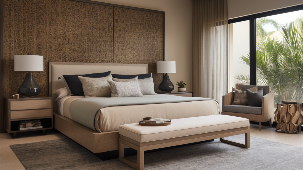 Woven wood shade in a contemporary bedroom in Boynton Beach, Florida.