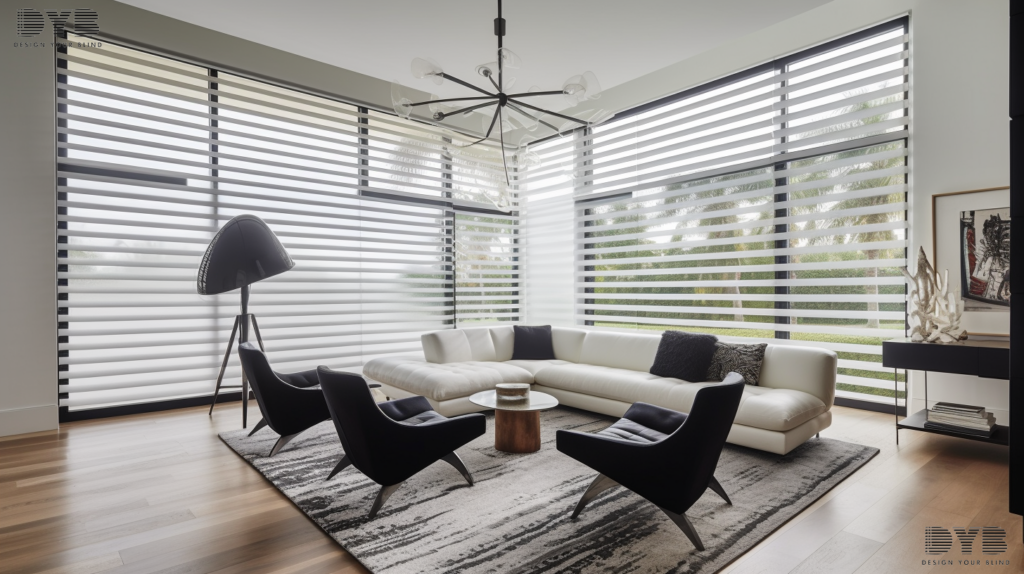 Zebra Shades in a Parkland living room, adding a contemporary touch to the modern design.