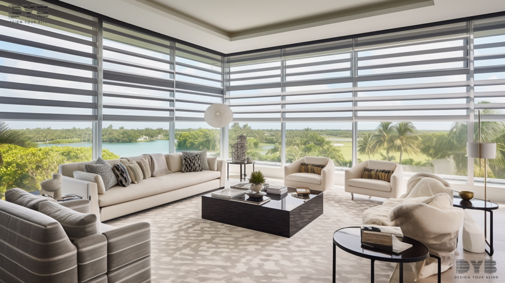 Zebra Shades in a Parkland living room, adding a contemporary touch to the modern design.