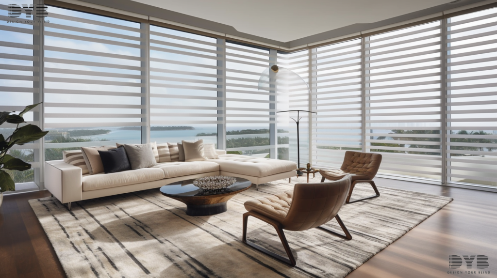 Zebra Shades in a Parkland living room, adding a contemporary touch to the modern design.